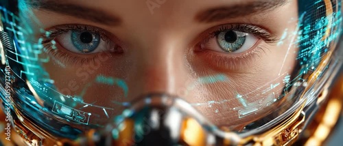 Futuristic Gaze: Close-up on a person's piercing blue eyes behind a high-tech visor, reflecting glowing holographic data streams.