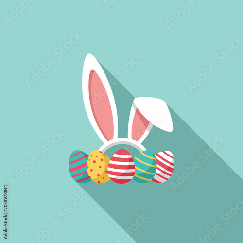 A colorful Easter-themed graphic with bunny ears and decorated eggs
