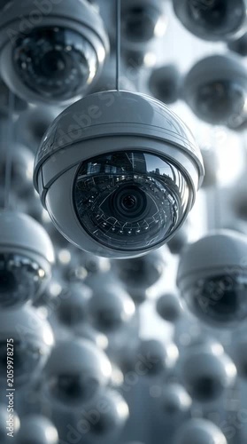 An urban environment reflected through thousands of interconnected security lenses and sensors, forming an elegant futuristic surveillance network with sleek, high-tech visual sophistication.