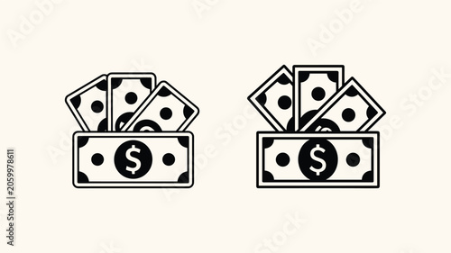 Fotografie Two icons of cash money bills with dollar sign on a neutral background