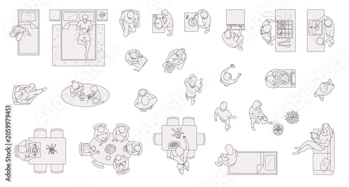 People in top-down view engaged in domestic activities, daily life, block style for architectural design.