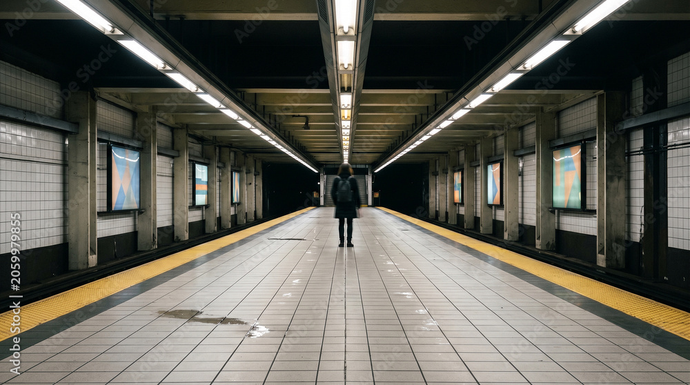Obraz premium Back view of a lone commuter standing on an empty underground subway platform