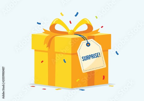 Tablou pe pânză A yellow gift box with a surprise tag