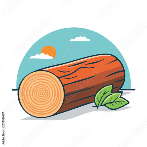 Illustration of a log with leaves and sun in the background
