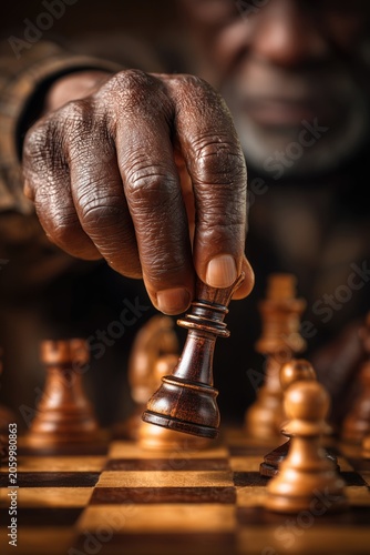 Advertising style, mature black man playing chess, close up view of hand he is moving a pawn to an adjacent square on the chessboard