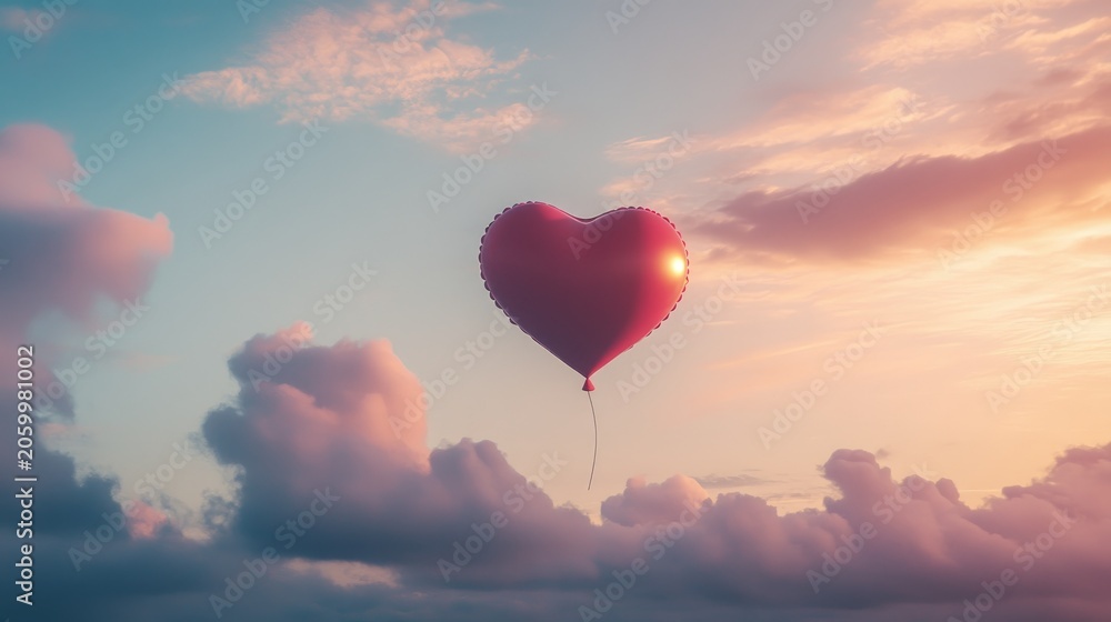 Obraz premium A red heart shaped balloon floating against a sunset sky.