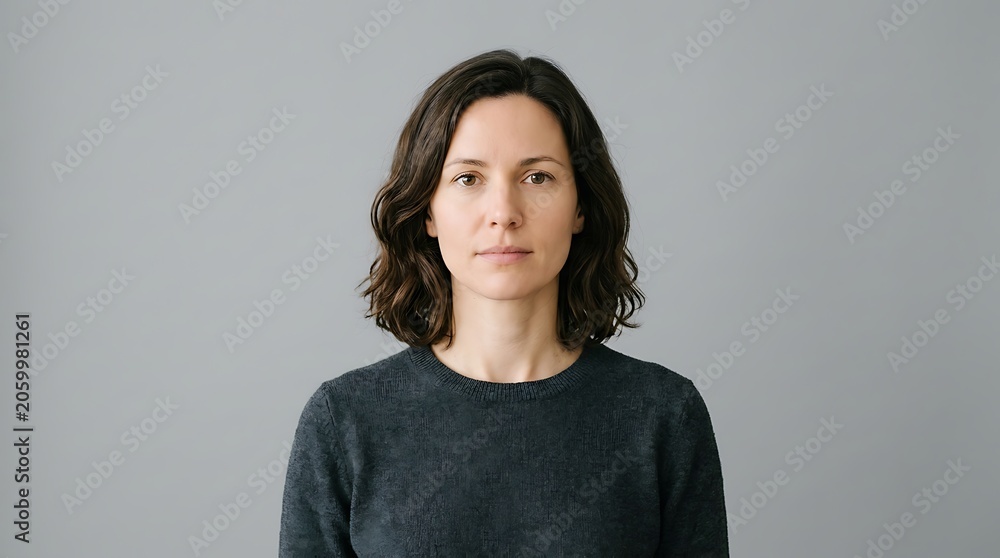 Fototapeta premium Front view studio headshot of a confident young Caucasian woman with wavy brown hair on a neutral grey background