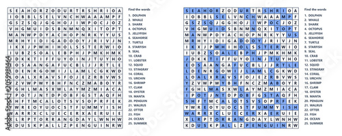 Hard summer word seek activity vector ocean animals theme