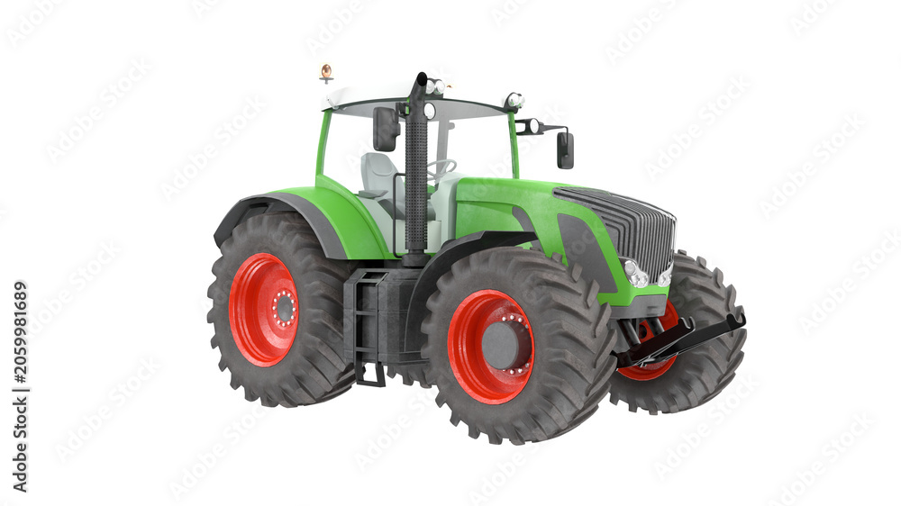 Obraz premium Modern green agricultural tractor, powerful farming machine 3D render isolated on transparent background.