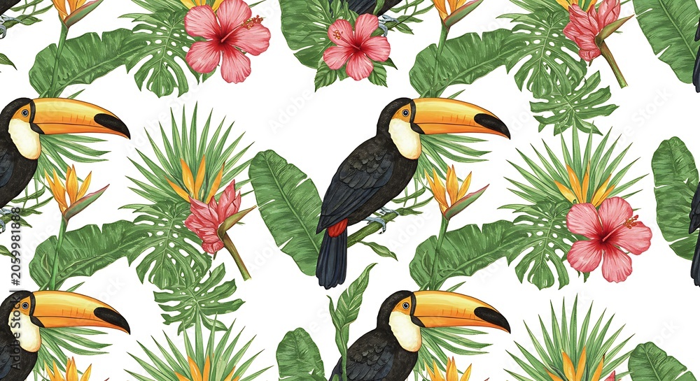 Obraz premium Tropical Toucans: Watercolor Floral Pattern