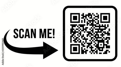 Minimalist black and white qr code graphic with scan me directional arrow sign