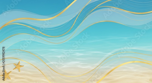 Abstract Summer Beach Background: Gold Waves & Starfish
