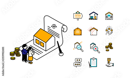 住宅購入を検討する夫婦のイラストと、住宅購入契約と不動産アイコンのイラスト