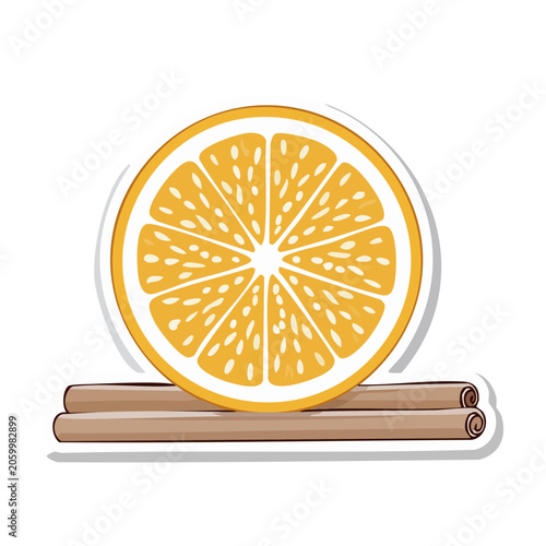 Flat design illustration of orange slice with cinnamon sticks