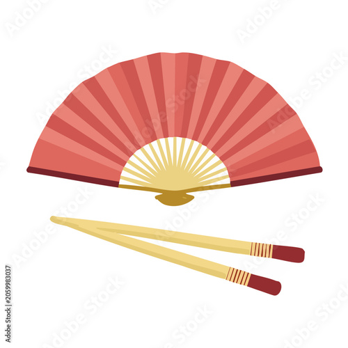 Red Hand Fan and Chopsticks Flat Illustration