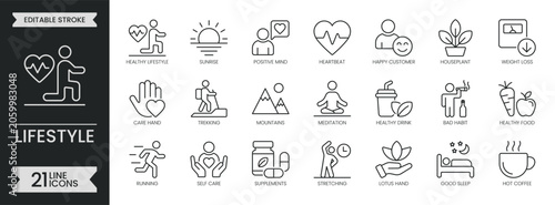 Lifestyle outline icon set. Containing wellness, health, fitness, exercise, meditation, sleep, positive, happiness, stretching, self care and more. Editable stroke icons pack. Vector illustration