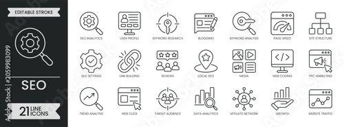 SEO outline icon set. Containing web marketing, data analytics, online optimization, research, website, traffic, growth, keyword, coding ,link and more. Editable stroke icons pack. Vector illustration