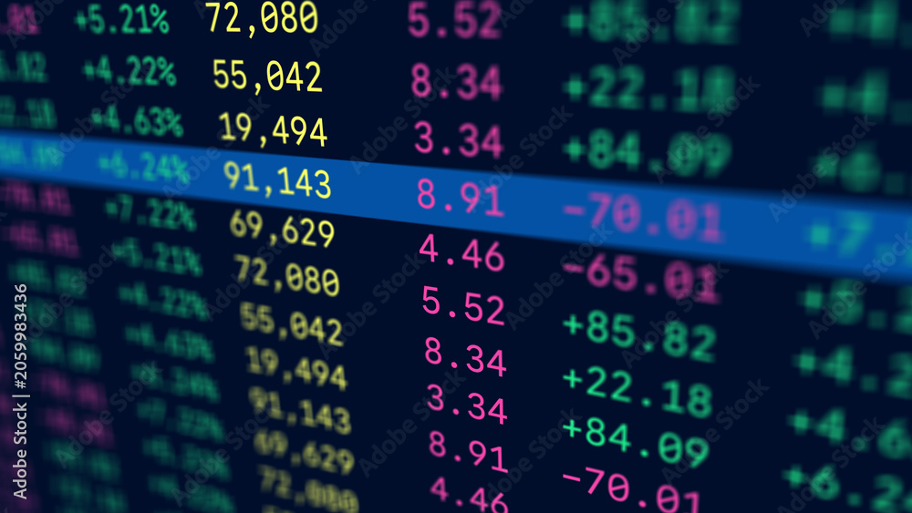 Fototapeta premium Global index ticker stock exchange table display, business investment analysis market financial data screen