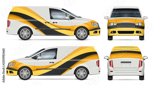 Minivan branding mockup with abstract yellow and gray wave design for corporate vehicle livery and commercial transit advertising concept. Side, rear and front view.