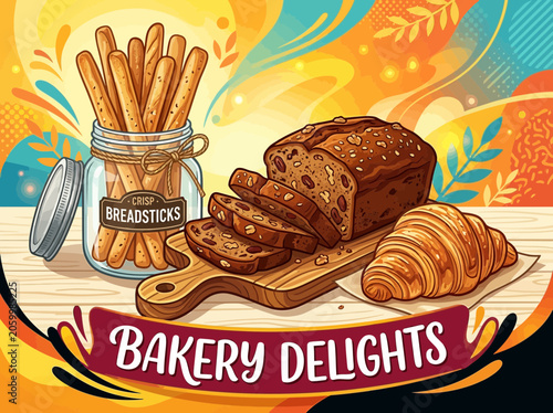 Bakery Delights featuring Breadsticks, Loaf, and Croissant