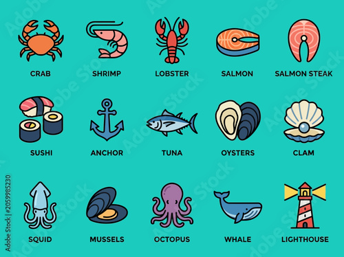 Diverse Seafood and Marine Icons Set