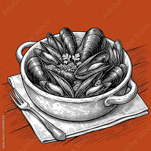 Detailed illustration of a steaming bowl of mussels with fork and napkin