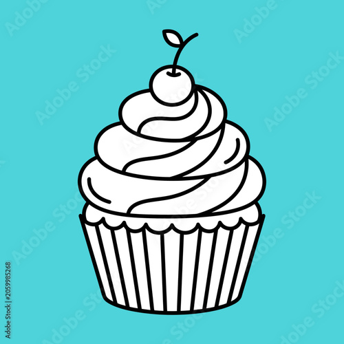 Line Drawing of a Cupcake with Swirled Frosting and Cherry Topping