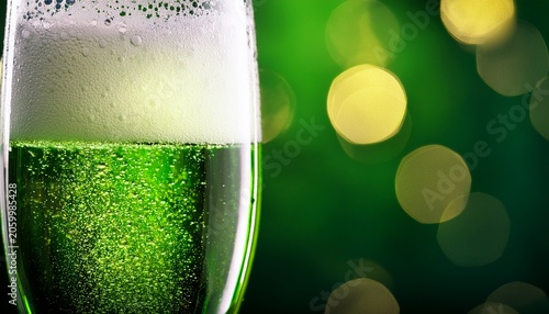 A Glass Of Green Champagne With Bubbles Against A Bokeh Green Background