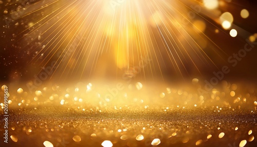 Glittering Golden Background With Rays Of Light And Bokeh Effect