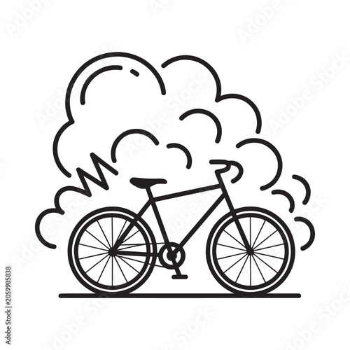Black and white illustration of a bicycle with rising smoke clouds
