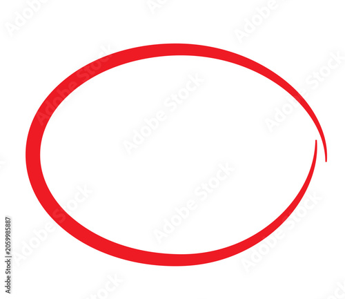 Red circle pen draw. Highlight hand drawn circle isolated on white background. Handwritten red circle. For marker pen, pencil, logo and text check. Vector illustration