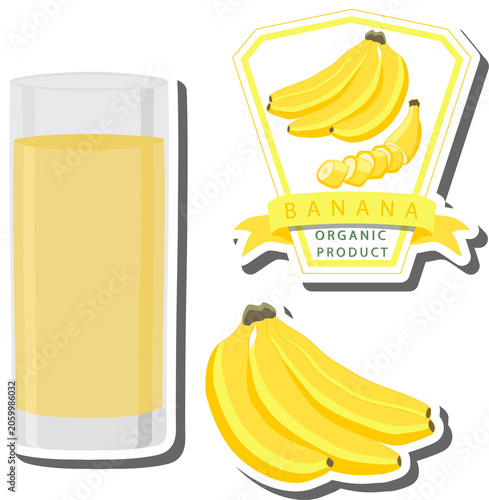 big set different types juice banana in glass cup