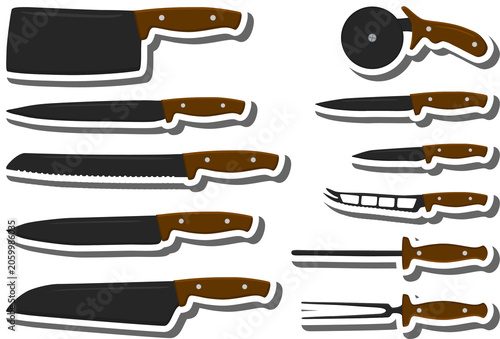 set different types knife different size for butcher