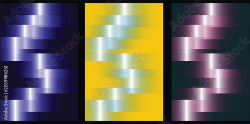 Three vertical rectangular panels displaying vibrant gradient color transitions with smooth metallic light reflections and textures