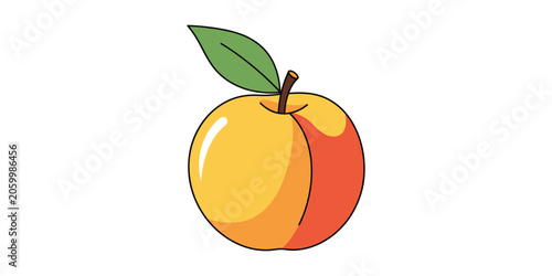 Slika na platnu Fresh ripe peach fruit with single green leaf illustration vitamins nutrition is