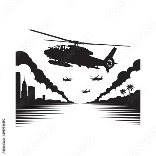 Silhouette of military helicopters flying over a tropical coastal cityscape