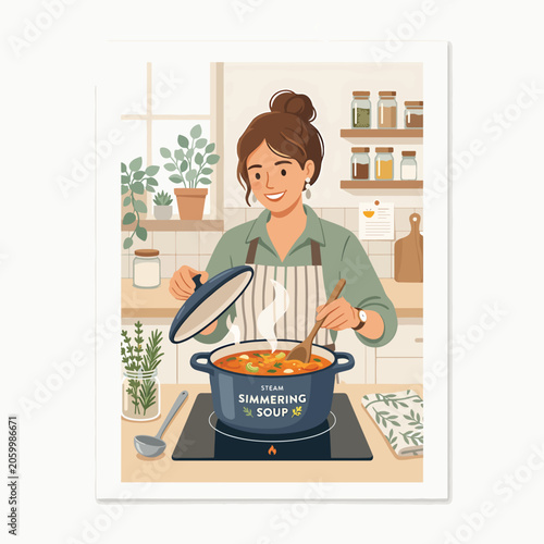 Bild auf Leinwand Woman cooking soup in kitchen.