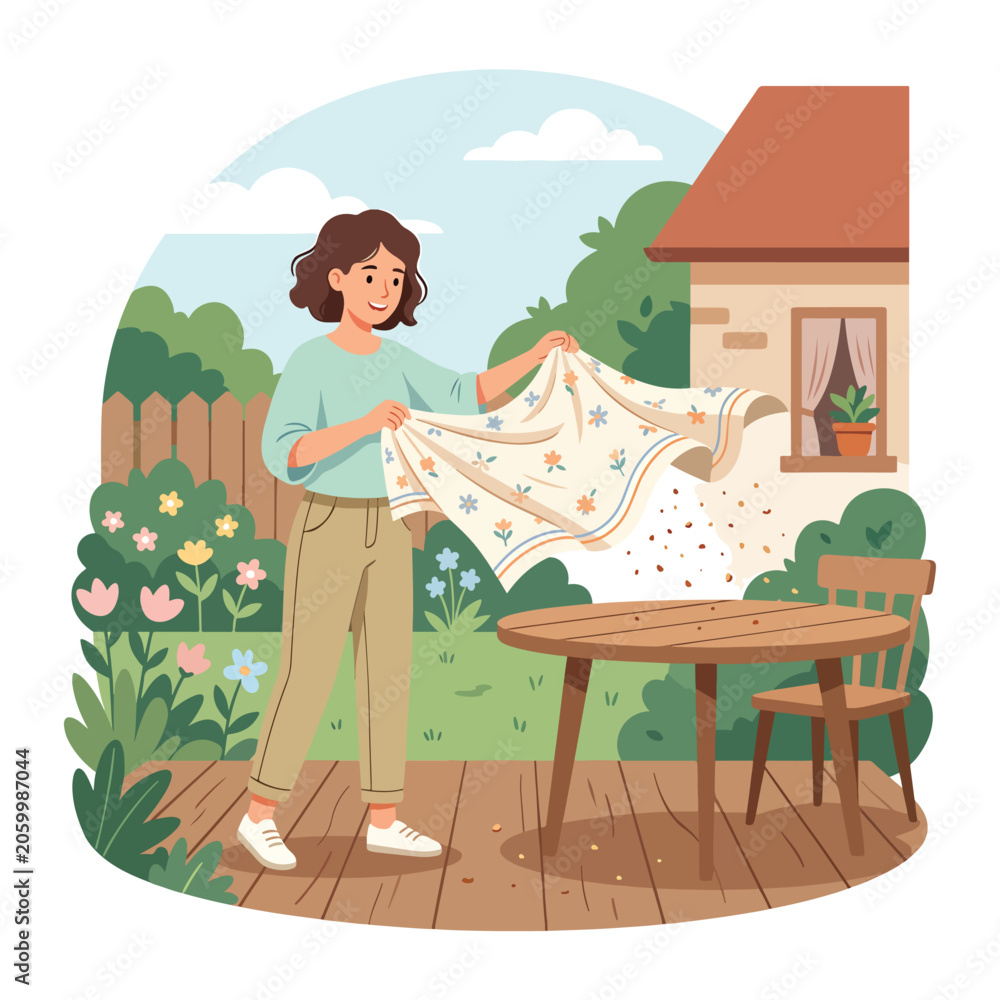 Obraz premium Woman Hanging Laundry on Deck.