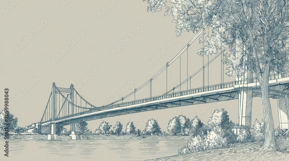 Fototapeta premium Architectural illustration showing a suspension bridge outline from a low-angle viewpoint