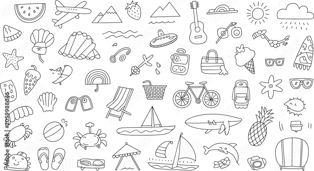 Fototapeta premium Summer and Travel Line Icon Set with Beach, Vacation, Sea, Food, Sports, and Adventure Illustrations for Fun, Holiday, and Outdoor Designs