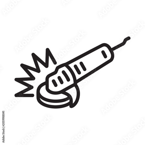 Black and white line drawing of a grinder tool with sparks