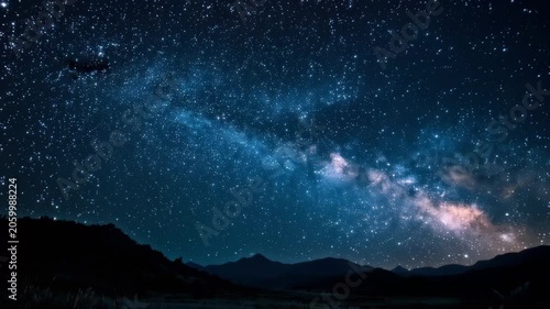 Majestic Milky Way galaxy streaking across a dark night sky above silhouetted mountains, a breathtaking cosmic display in the wilderness at midnight