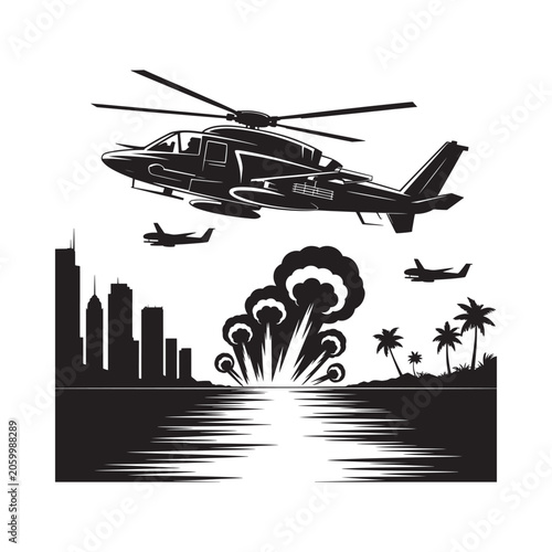 Helicopter flies over a city with explosions and distant aircraft