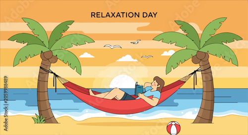 Obraz na plátně A man relaxes on a beach hammock between two palm trees
