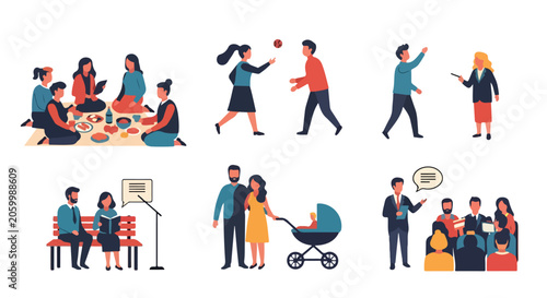 A colorful illustration of people engaging in various social activities