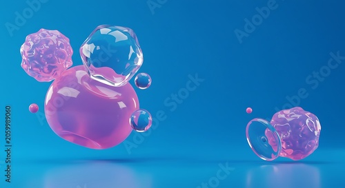 Abstract Pink and Clear Bubbles on Blue Background