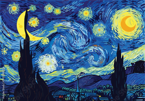 Foto A swirling night sky with stars and a bright crescent moon