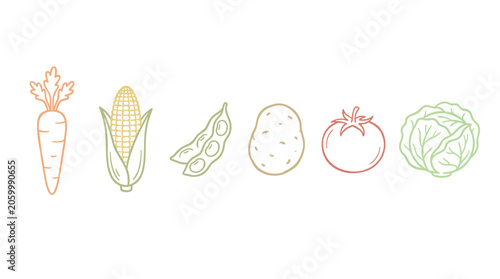 Colorful outline vegetables illustration set featuring various fresh produce items like carrots, corn, edamame, potatoes, tomatoes, and cabbage.
