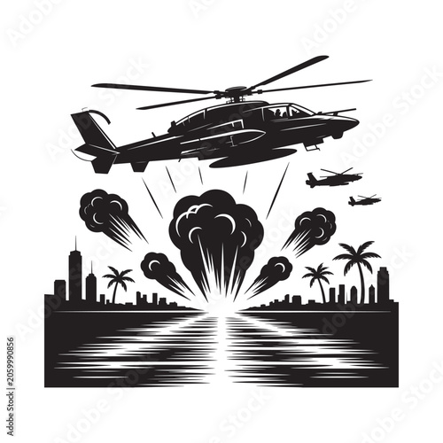 Military helicopter flies over a coastal city during an apparent attack