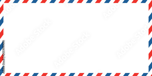 Airmail envelope frame with blue and red stripes on white background. International vintage letter border. Retro air mail postcard. Blank envelope.